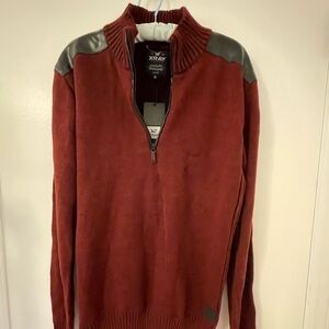 NEW! Xray Men's Burgundy Zip-Up Sweater with Faux Leather Shoulder Accents-XL